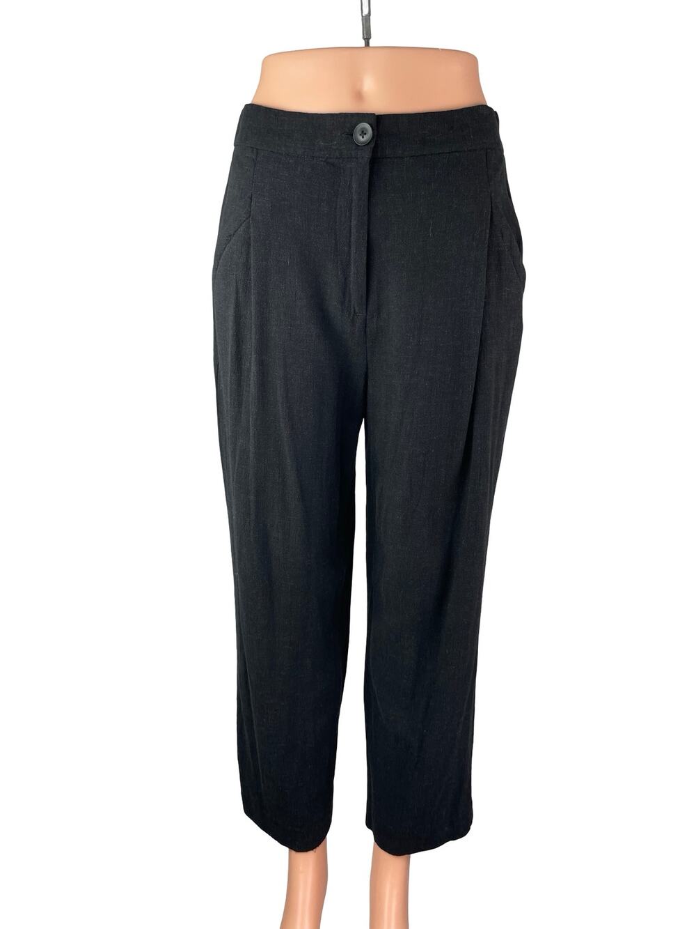 ASOS Women's Black Linen Pleated High Rise Tapered Cropped Trousers Pants Size 4